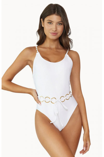 Слитный купальник PilyQ Water Lily Link Belted One Piece белый с кольцами